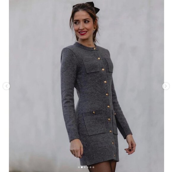 ZARA WOMAN GRAY KNIT POCKET MINI DRESS Gold buttons Long sleeves 3920/031 S NWT - Picture 3 of 13